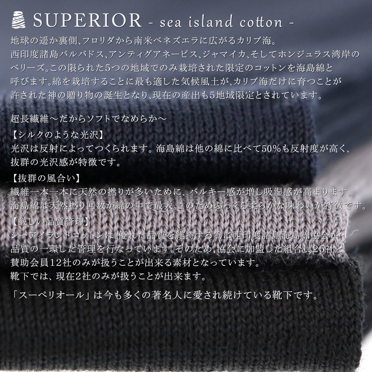 SUPERIOR（スーペリオール） 海島綿 シーアイランドコットン 綿100％ 高級 無地リブ メンズ ハイソックス