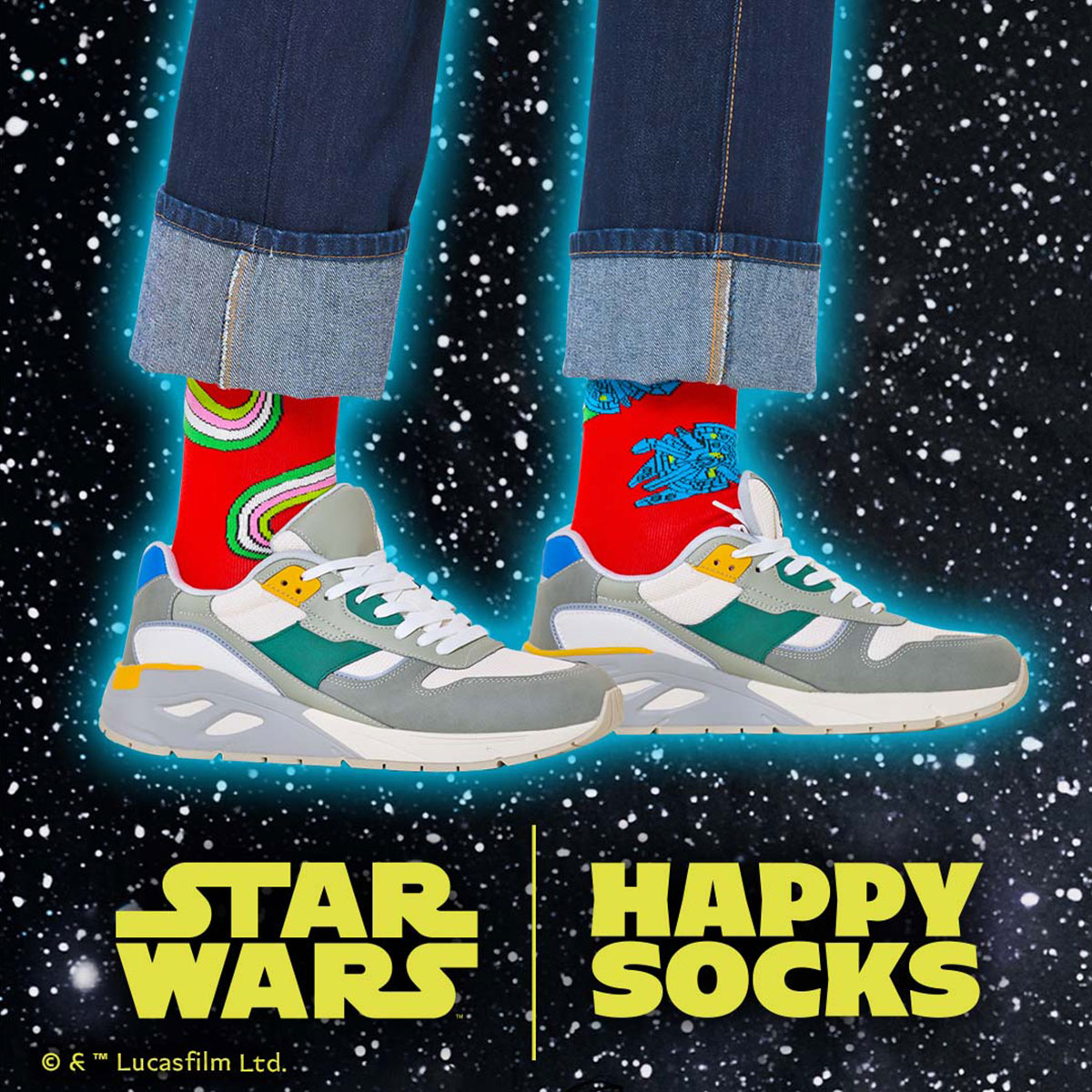 【23FW コラボ】 【Limited】 Happy Socks×Star Wars(スターウォーズ) Millennium Falcon ミレニアム・ファルコン　クルー丈 ソックス 靴下 ンズ ＆ レディース 