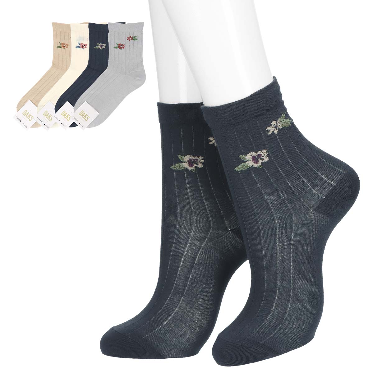 DAKS ダックス フローラルストライプ レーヨンシルク混 クルー丈ソックス  <img src='/banner_images/banner_0000000180.gif'>