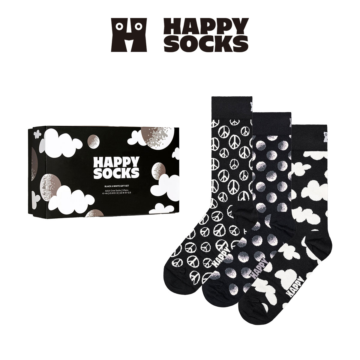 【3足セット】Happy Socks ハッピーソックス Black & White ( ブラック アンド ホワイト ) 3-Pack Gift Set GIFT BOX 3足組 クルー丈 ソックス ユニセックス メンズ ＆ レディース