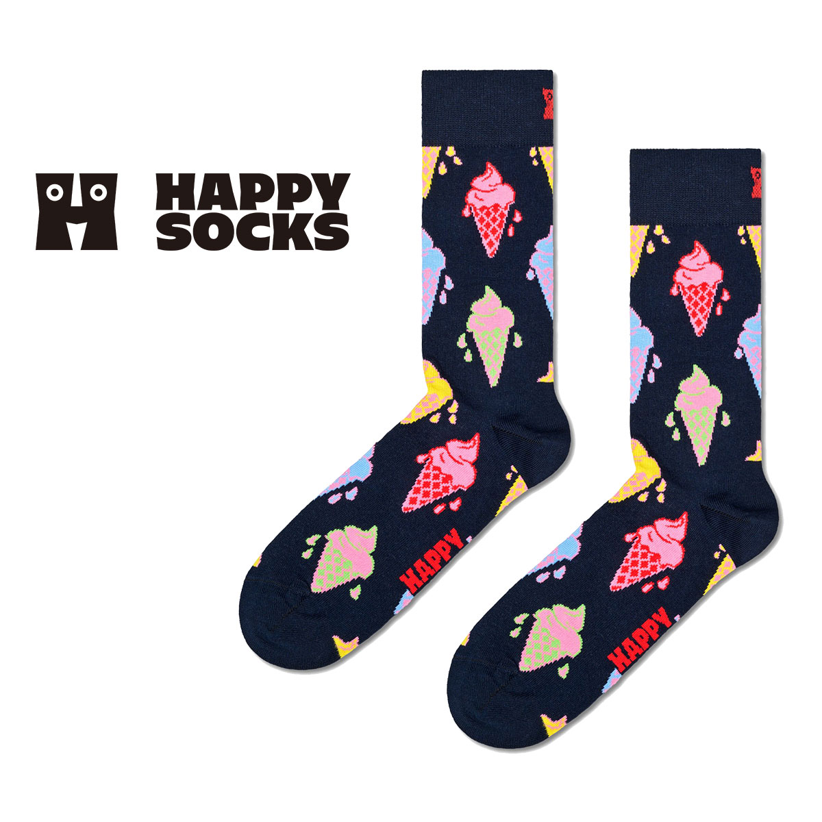 Happy Socks ハッピーソックス Ice Cream ( アイスクリーム ) ブラック クルー丈 ソックス ユニセックス メンズ ＆ レディース 10240057