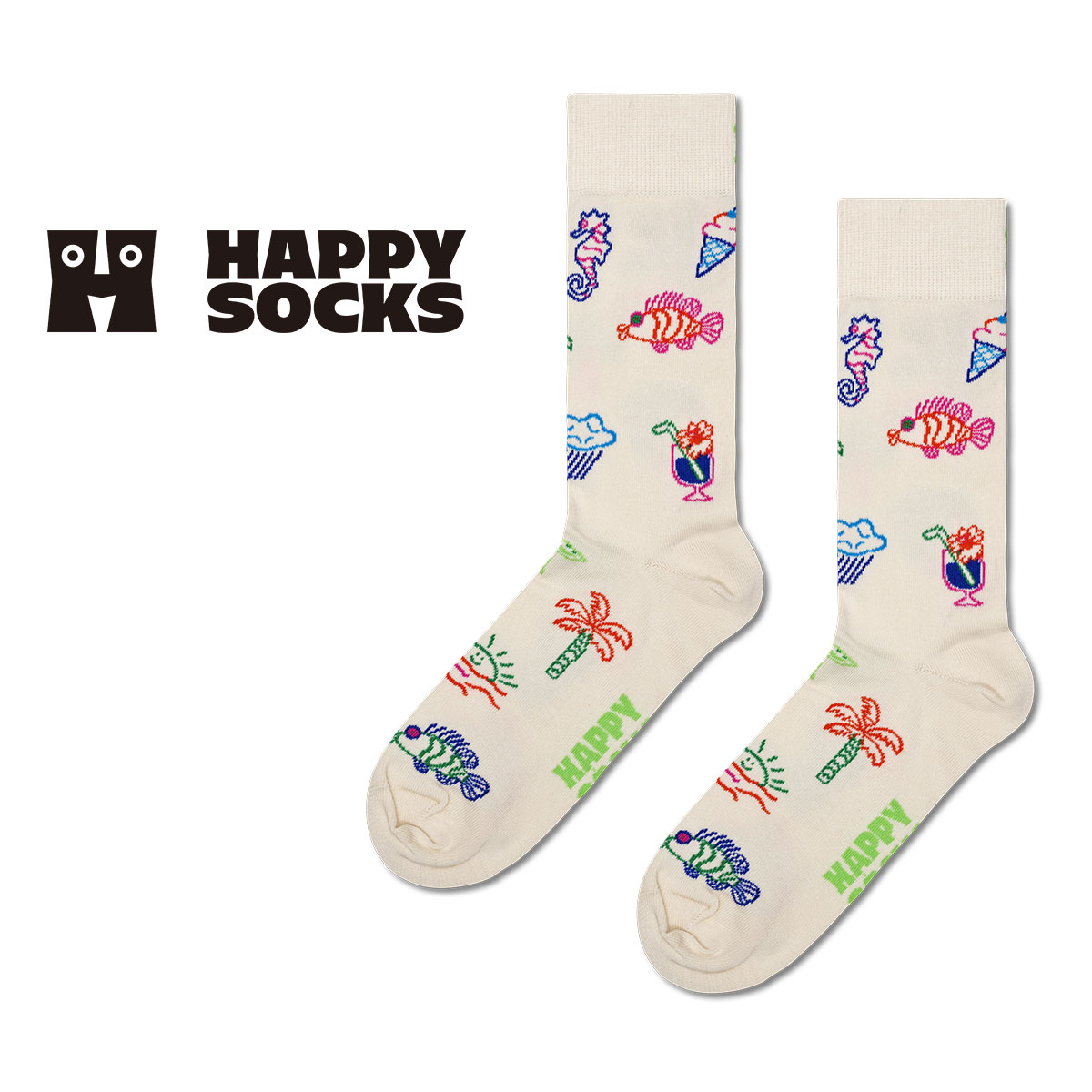 Happy Socks ハッピーソックス Summer Lo-Fi ( サマーローファイ ) ベージュ クルー丈 ソックス ユニセックス メンズ ＆ レディース 10240060