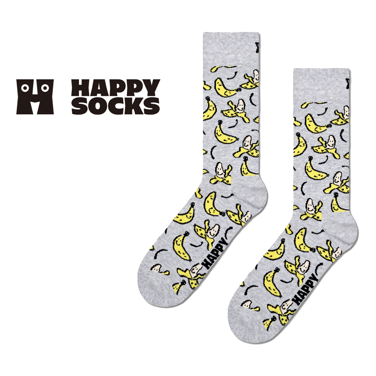 Happy Socks ハッピーソックス Banana ( バナナ ) ライトグレー クルー丈 ソックス ユニセックス メンズ ＆ レディース 10240052