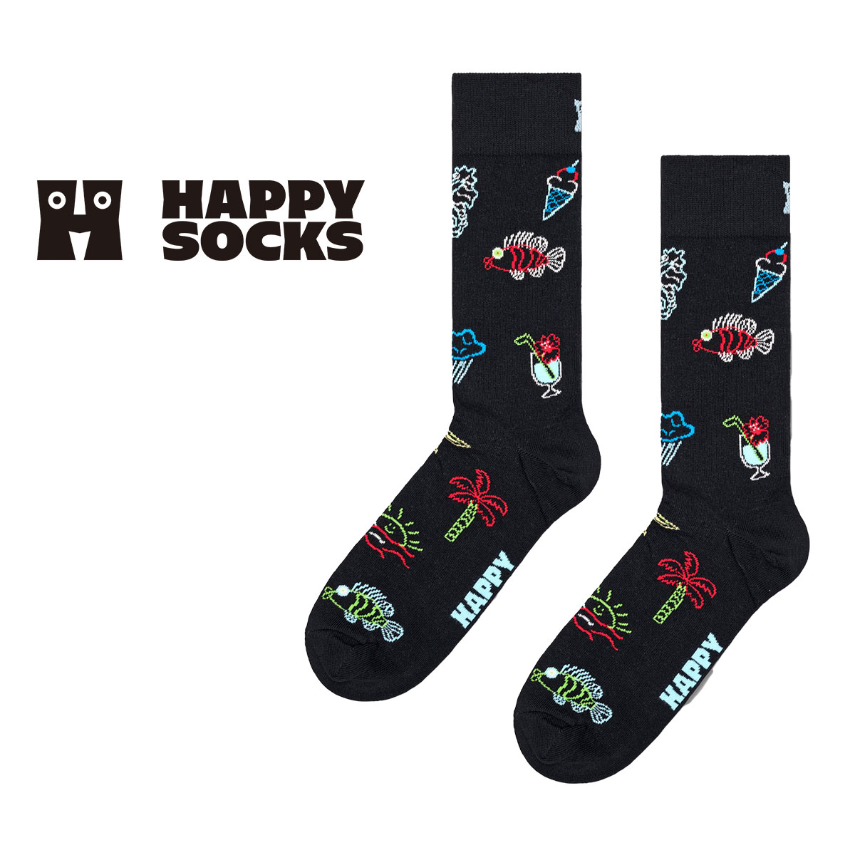 Happy Socks ハッピーソックス Summer Lo-Fi ( サマーローファイ ) ブラック クルー丈 ソックス ユニセックス メンズ ＆ レディース 10240061