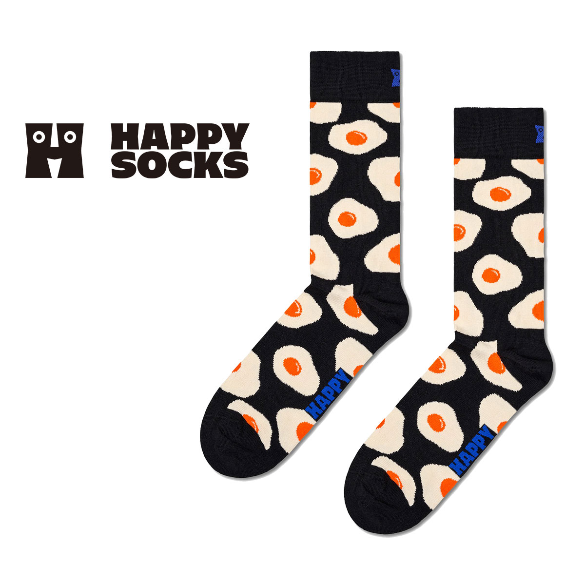 【24SS】Happy Socks ハッピーソックス Sunny Side Up ( サニーサイドアップ ) 目玉焼き ブラック クルー丈 ソックス ユニセックス メンズ ＆ レディス 10240077