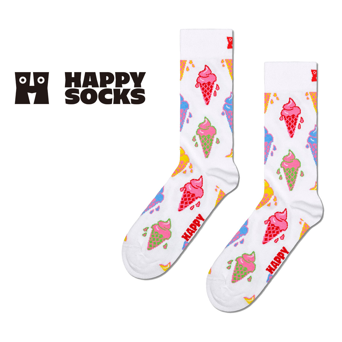 Happy Socks ハッピーソックス Ice Cream ( アイスクリーム ) ホワイト クルー丈 ソックス ユニセックス メンズ ＆ レディース 10240056
