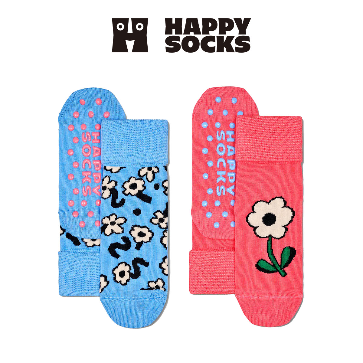 【2足セット】【24SS】Happy Socks ハッピーソックス Kids Flowers ( フラワーズ ) 足底滑り止め付き 2-Pack Low Socks 2足組 花柄 子供 ショート丈 綿混 ソックス KIDS ジュニア 