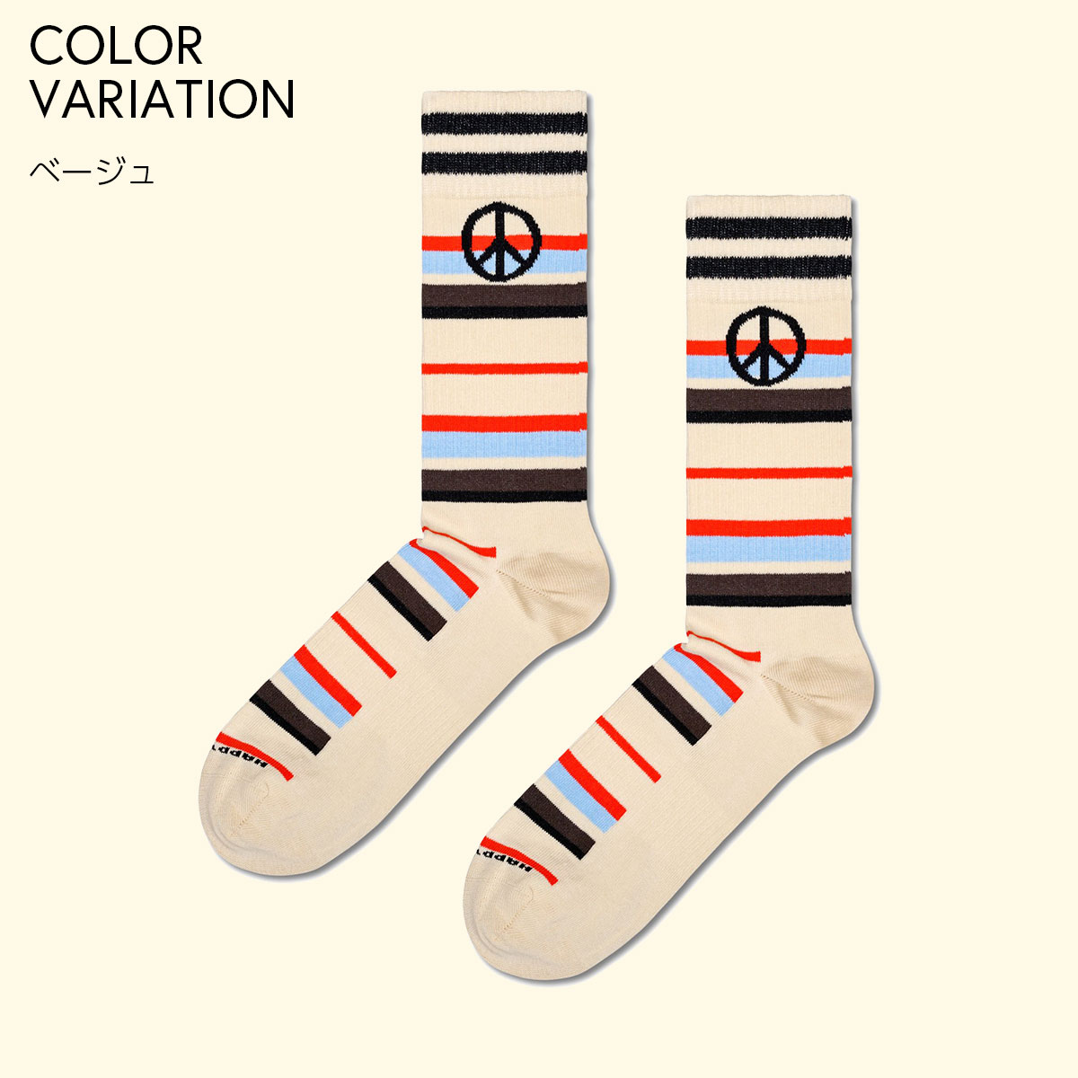 【24SS】Happy Socks ハッピーソックス Peace Stripe Sneaker ( ピース＆ストライプ ) クルー丈 ソックス ユニセックス メンズ ＆ レディース スポーツ プレゼント 10240106
