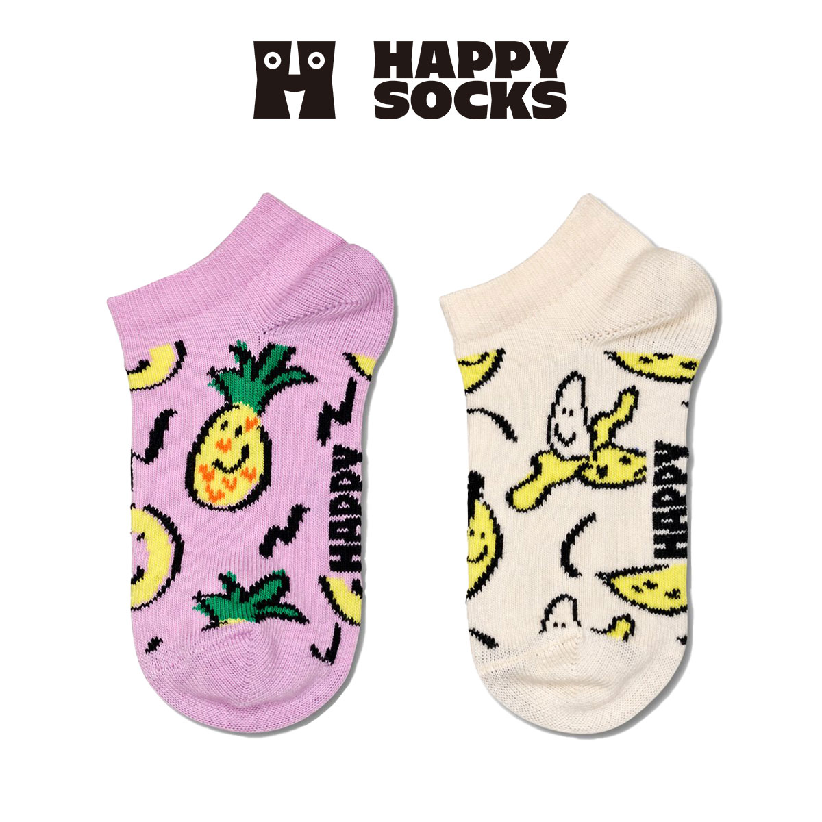 【2足セット】【24SS】Happy Socks ハッピーソックス Kids Fruits ( フルーツ ) 2-Pack Low Socks 2足組 パイナップル＆バナナ柄 子供 スニーカー丈 綿混 ソックス KIDS ジュニア キッズ