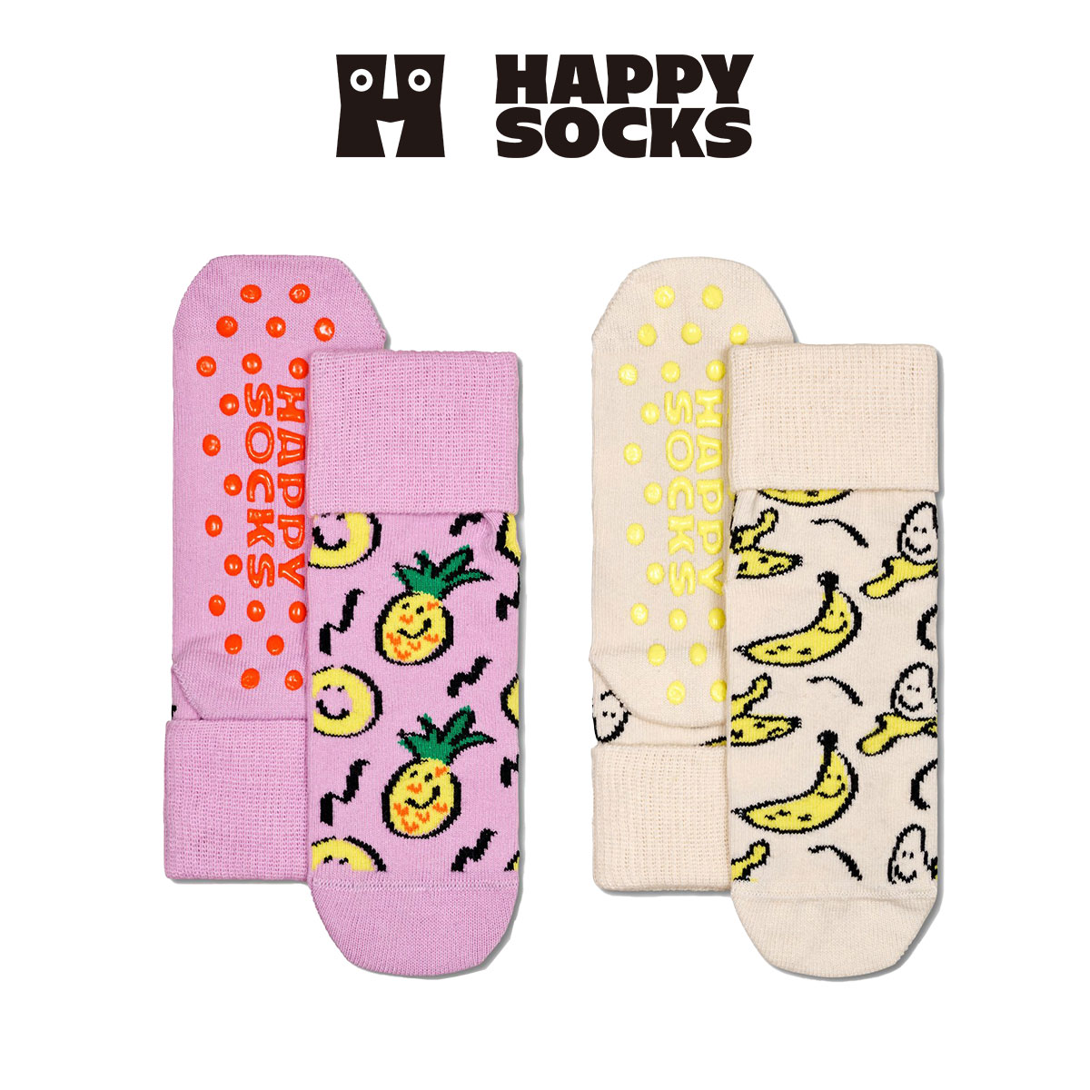 【2足セット】【24SS】Happy Socks ハッピーソックス Kids Fruits ( フルーツ )  足底滑り止め付き 2-Pack Low Socks 2足組 パイナップル＆バナナ柄 子供 ショート丈 綿混