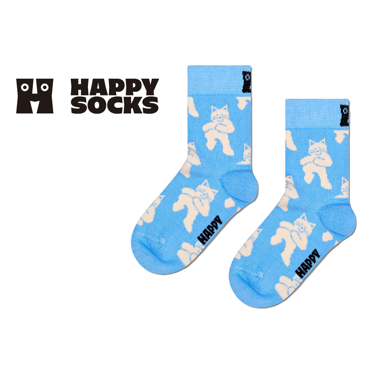 【24SS】Happy Socks ハッピーソックス Kids Dancing Cats ( ダンシング キャット ) どうぶつ柄 子供 クルー丈 綿混 ソックス KIDS ジュニア キッズ 12240016