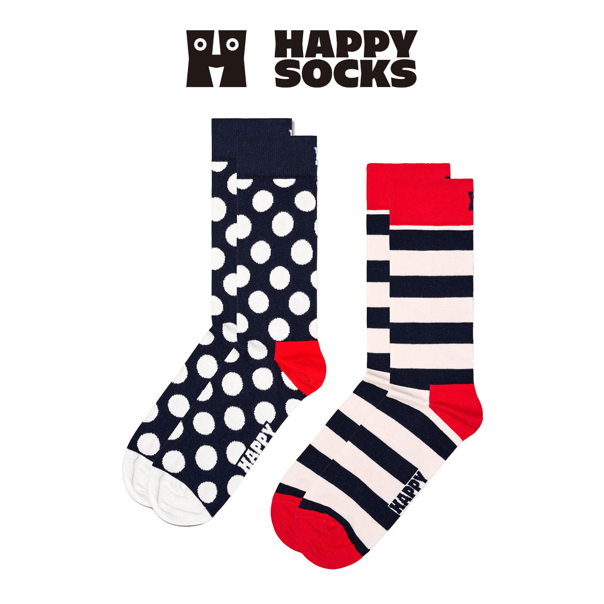 【2足セット】Happy Socks ハッピーソックス  Classic Big Dot Stripe (ドット ＆ ストライプ)オーガニックコットン クルー丈 ソックス 靴下 メンズ ＆ レディース 10232027