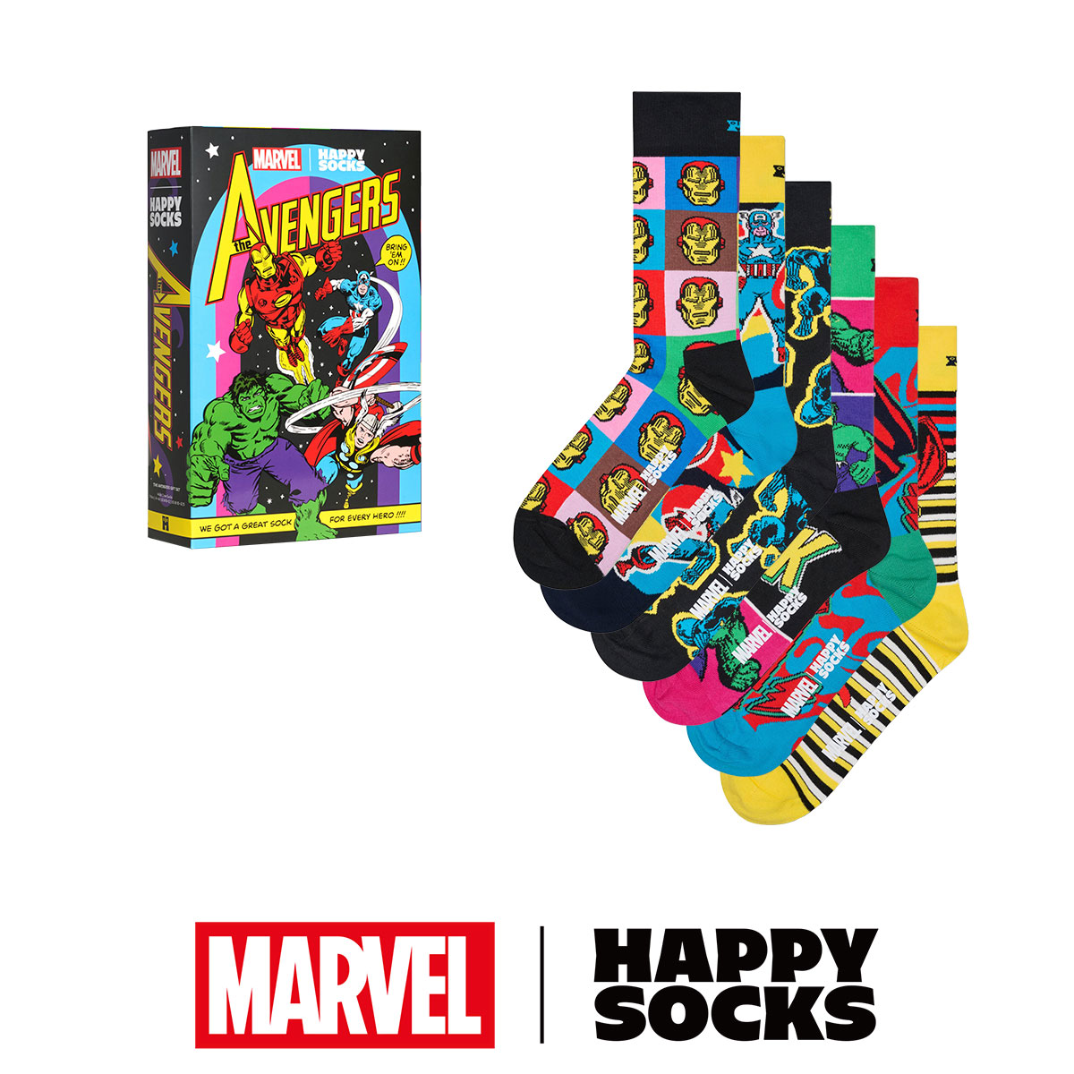 6足セット 箱入り｜【Limited】 Happy Socks ハッピーソックス × Marvel™ ( マーベル ) Avengers ( アベンジャーズ ) 6-pack 【GIFT BOX】 クルー丈 ソックス