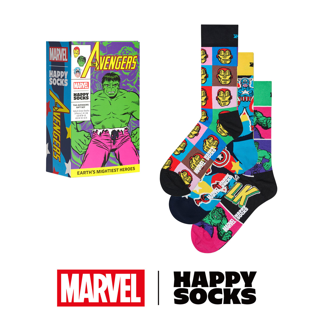 3足セット 箱入り｜【Limited】 Happy Socks ハッピーソックス × Marvel™ ( マーベル ) Avengers ( アベンジャーズ ) 3-pack 【GIFT BOX】 クルー丈 ソックス
