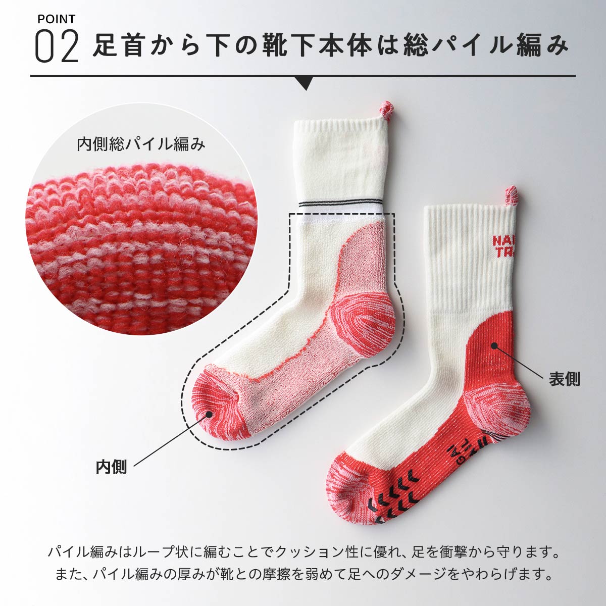 NAIGAI TRAIL メリノウール混 2重リブ 足口ループ付 足底滑り止め付き 総パイル MERINO19 ソックス 90370007