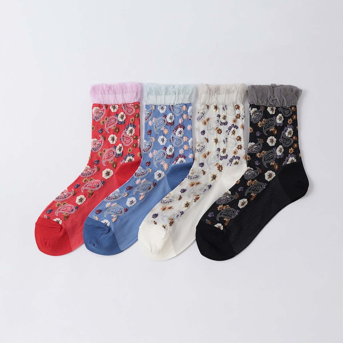 日本製 ペイズリー フラワー フロート クルー丈